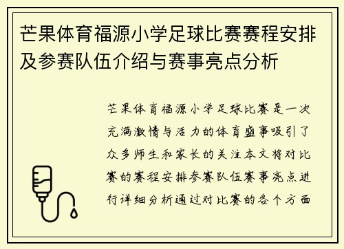 芒果体育福源小学足球比赛赛程安排及参赛队伍介绍与赛事亮点分析