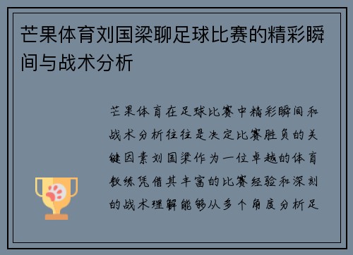 芒果体育刘国梁聊足球比赛的精彩瞬间与战术分析