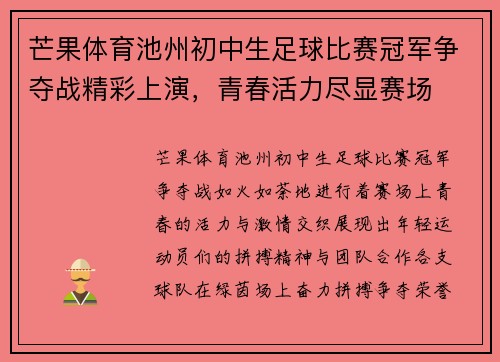 芒果体育池州初中生足球比赛冠军争夺战精彩上演，青春活力尽显赛场
