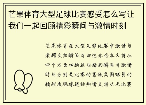 芒果体育大型足球比赛感受怎么写让我们一起回顾精彩瞬间与激情时刻