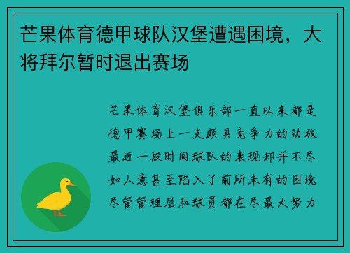 芒果体育德甲球队汉堡遭遇困境,大将拜尔暂时退出赛场