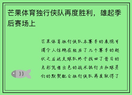 芒果体育独行侠队再度胜利，雄起季后赛场上