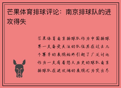 芒果体育排球评论：南京排球队的进攻得失