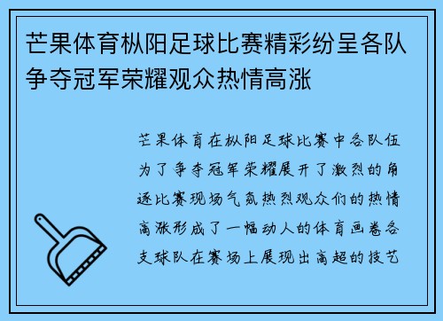 芒果体育枞阳足球比赛精彩纷呈各队争夺冠军荣耀观众热情高涨