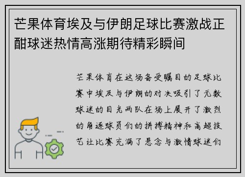 芒果体育埃及与伊朗足球比赛激战正酣球迷热情高涨期待精彩瞬间