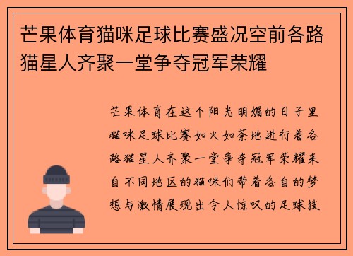 芒果体育猫咪足球比赛盛况空前各路猫星人齐聚一堂争夺冠军荣耀
